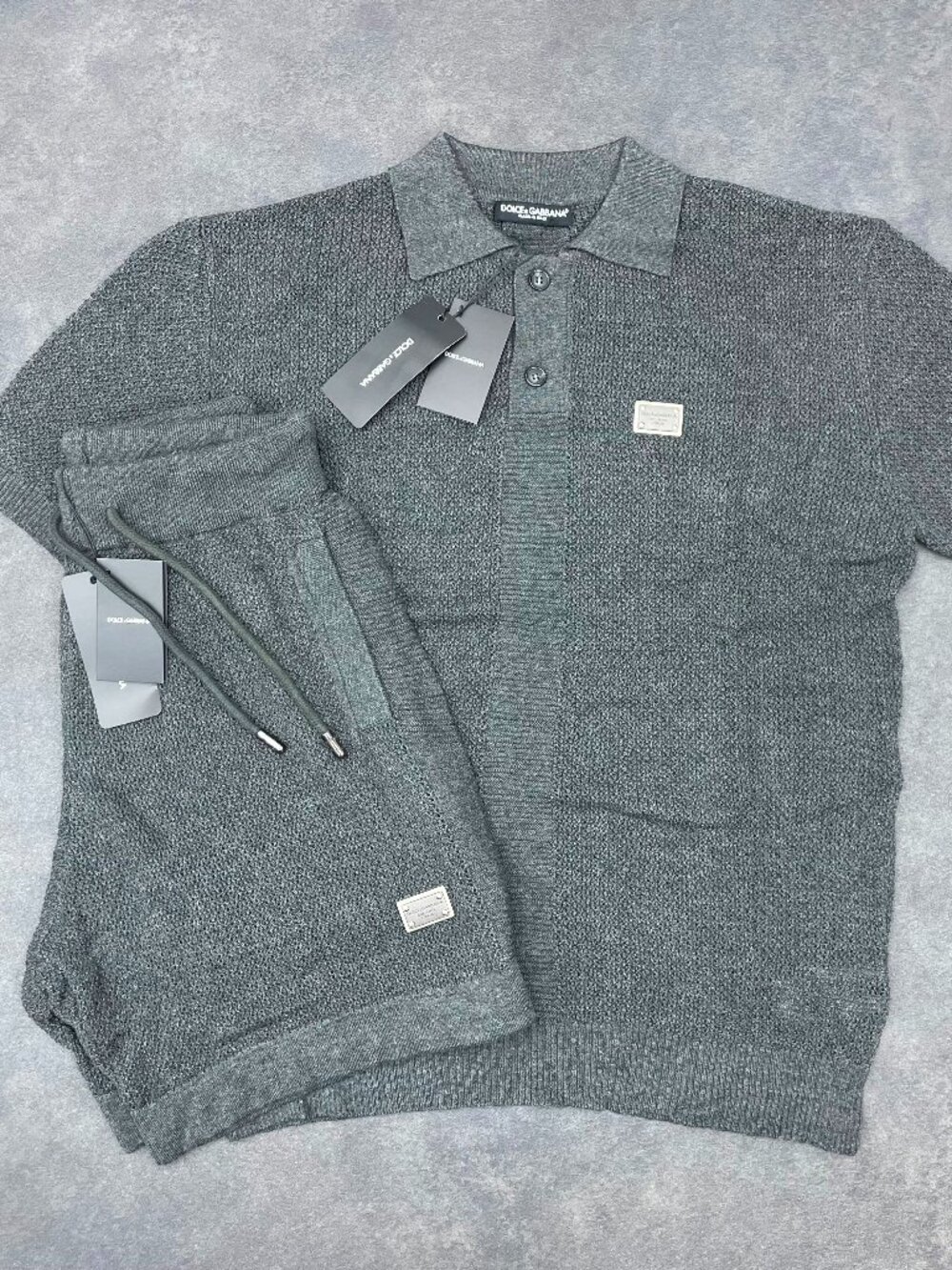 Dolce & Gabbana Men’s Gray Knit Polo Shirt & Shorts Set- Size XL